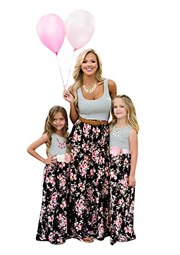 EFOFEI Frauen Casual Kleider Frühling Familie Kleidung Mutter Kinder Kleider Druck Shirt Kleid Swing Ballkleider Streifen Flower XL von EFOFEI