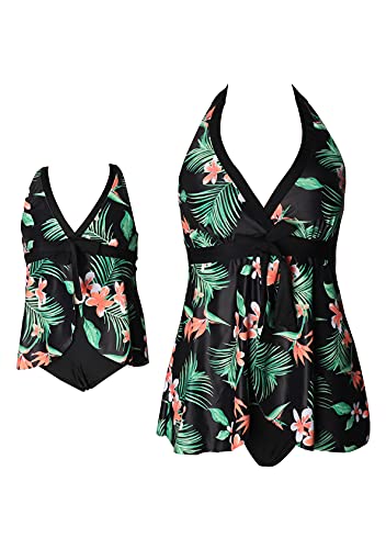 EFOFEI Neckholder Off Schulter Tops + hohe Taille unten Mommy and Me Badeanzüge Bikini-Set Rüschen Strand Bademode Grünes Blume 6-8 Jahre von EFOFEI