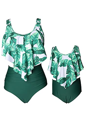 EFOFEI Rüschen Strand Bademode Damen Familie Bikini Set Plissee-Rüsche Mutter und Tochter Eltern-Kind Swimsuit Grünes Blatt 2-3 Jahre von EFOFEI