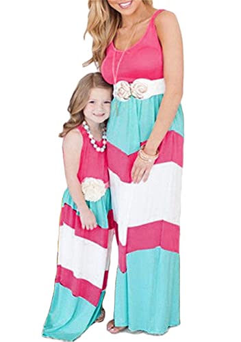 EFOFEI Stitching Blumenmuster Kleider Mother Daughter Matching Dress Mutter Und Tochter Maxilangkleid Rosa+Blau 9-10 Jahre von EFOFEI