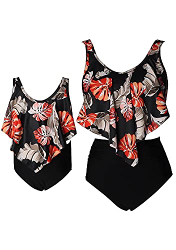 EFOFEI Zwei Stücke Retro Bademode 2Pcs Fashion Passende Badeanzug Mommy and Me Badeanzüge Bikini-Set Rote Schwarze Blume 2-3 Jahre von EFOFEI