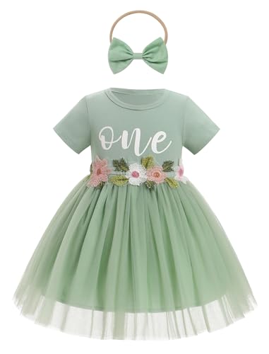 EFOGEP Baby Mädchen Kleidung 1.Geburtstag Outfit Kurzarm Prinzessin Partykleid A-Linie Blume Tüllkleid Mein Erster Geburtstag Kleid mit Schleife Stirnband Pageant Set 9-18 Monate von EFOGEP