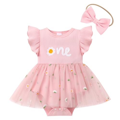 EFOGEP Baby Mädchen ersten Geburtstag Outfits: Blume Gerippte Strick Rüsche Tüll Strampler Kleid+Stirnband 2PCS Onederland 1. Geburtstag Kuchen Smash Foto schießen Outfit Rosa & Blume 12-18 Monate von EFOGEP