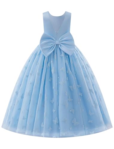EFOGEP Blume Mädchen Kleid für Hochzeit Elegant V-Back Bowknot Fleck Tüll Prinzessin Kleider Kinder Brautjungfer Geburtstag Pageant Erstkommunion Party Ballkleider Blau 3Jahre von EFOGEP