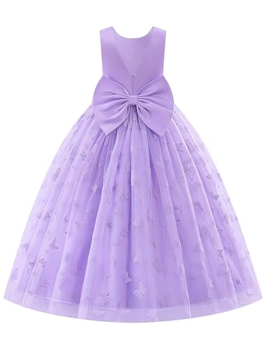 EFOGEP Blume Mädchen Kleid für Hochzeit Elegant V-Back Bowknot Fleck Tüll Prinzessin Kleider Kinder Brautjungfer Geburtstag Pageant Erstkommunion Party Ballkleider Lila 11-13Jahre von EFOGEP