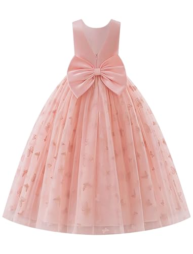 EFOGEP Blume Mädchen Kleid für Hochzeit Elegant V-Back Bowknot Fleck Tüll Prinzessin Kleider Kinder Brautjungfer Geburtstag Pageant Erstkommunion Party Ballkleider Rosa 7-8Jahre von EFOGEP