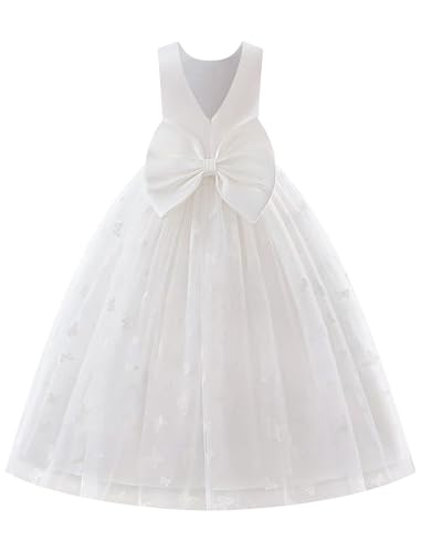 EFOGEP Blume Mädchen Kleid für Hochzeit Elegant V-Back Bowknot Fleck Tüll Prinzessin Kleider Kinder Brautjungfer Geburtstag Pageant Erstkommunion Party Ballkleider Weiß 9-10Jahre von EFOGEP