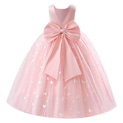 EFOGEP Blumenmädchen Kleid V-Ausschnitt zurück Bowknot Satin Tüll Maxi Brautjungfer Kleider Kinder ärmellos Geburtstag Hochzeit Party Abend Formal Pageant Kommunion Prom Kleid Pink 9-10 Jahre von EFOGEP