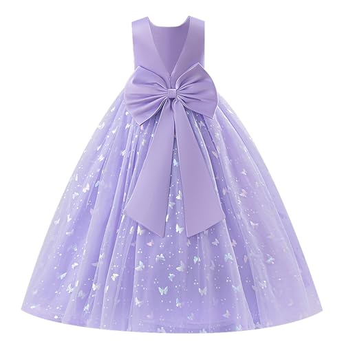 EFOGEP Blumenmädchen Kleid V-Ausschnitt zurück Bowknot Satin Tüll Maxi Brautjungfer Kleider Kinder ärmellos Geburtstag Hochzeit Party Abend Formal Pageant Kommunion Prom Kleid Purple 5-6 Jahre von EFOGEP