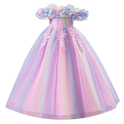 EFOGEP Blumenmädchen Maxikleid Spitze Stickerei Kalte Schulter Tüll Tutu Prinzessinnenkleider Mädchen Kommunion Festzug Geburtstag Hochzeit Party Brautjungfer Tanzkleid Pink 3-4 Years von EFOGEP