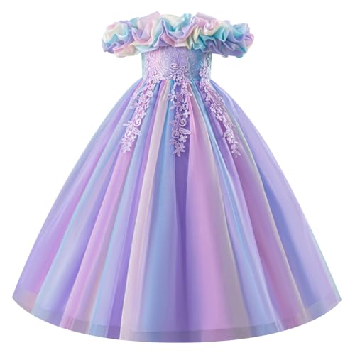 EFOGEP Blumenmädchen Maxikleid Spitze Stickerei Kalte Schulter Tüll Tutu Prinzessinnenkleider Mädchen Kommunion Festzug Geburtstag Hochzeit Party Brautjungfer Tanzkleid Purple 5-6 Years von EFOGEP