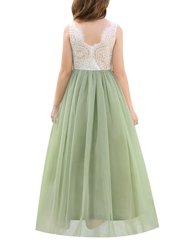 EFOGEP Blumenmädchen Spitzenkleid Elegant Ärmellos V Rücken Tüll Party Maxikleider Mädchen Hochzeit Brautjungfer Erstkommunion Geburtstag Prinzessin Ballkleid Grün 12-13 Years von EFOGEP