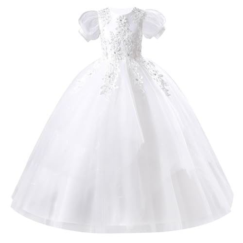 EFOGEP Blumenmädchen Tüll Hochzeit Brautjungfer Kommunion Party Schleife Knoten Kurzarm Kleid Bestickt Formal Festzug Geburtstag Cocktail Prom Tanz Ballkleid Maxikleider Weiß 9-10 Jahre von EFOGEP
