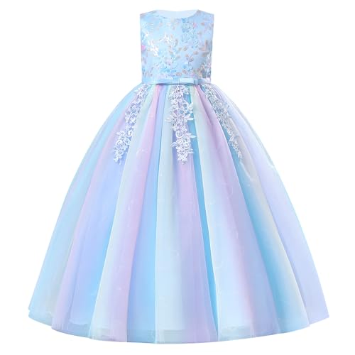 EFOGEP Blumenmädchenkleider Ärmelloses Pailletten Blume Tutu Prinzessin Kleid Elegantes Party Langes Abendkleid Baby Mädchen A-Linie Tüll Gwon Hochzeit Geburtstag Festzug Kleid Blau 5-6Jahre von EFOGEP
