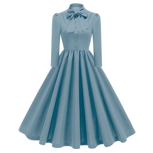 EFOGEP Damen 1950er Vintage Kleid: 3/4 Puffärmel Krawattenausschnitt Rockabilly Midikleid Audrey Hepburn 50's 60's Tanzkleid Tea Party A-Linie Kleid Hochzeit Cocktail Abend Swing Kleid Blau S von EFOGEP