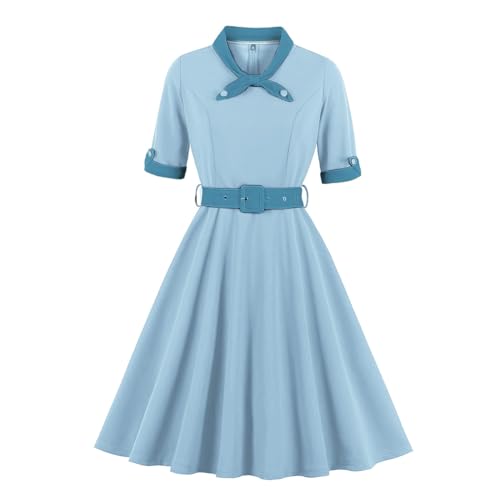 EFOGEP Damen 1950s Retro Kleider Vintage Kurzer Puffärmel Krawattenausschnitt Farbblock Formal Abend Cocktail Hochzeit Rockabilly Retro Swing Kleid Tanzkleid A-Linie Kleid mit Gürtel Hellblau L von EFOGEP
