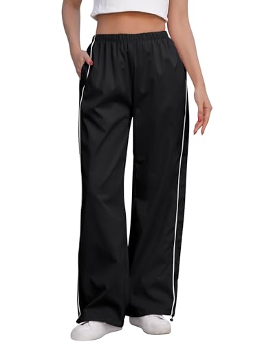 EFOGEP Damen Baggy Cargo Hose: Track Hose Y2k Fallschirm für Damen Weites Bein Hose Elastische Taille Casual Jogger Sweatpants Punk Hip Hop Hose Jogginghose Sweatpants Street Wear Schwarz L von EFOGEP