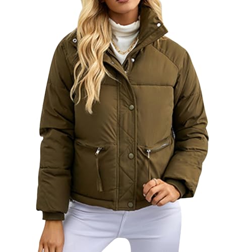 EFOGEP Damen Cropped Puffer Jacke: Winter Casual gepolstertes leichtes kurzes Daunenmantel Stand Kragen Zip Up Langarm Damen winddicht warme Oberbekleidung mit Taschen Khaki XXL von EFOGEP