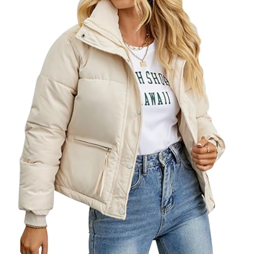 EFOGEP Damen Cropped Puffer Jacke: Winter Casual gepolstertes leichtes kurzes Daunenmantel Stand Kragen Zip Up Langarm Damen winddicht warme Oberbekleidung mit Taschen Wei? L von EFOGEP