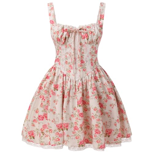 EFOGEP Damen Floral Korsett Minikleid Sommer Boho Spaghetti Riemen R�ckenfrei Niedrig geschnittene Spitze Sonnenkleid R�sche Kurzes Kleid f�r Party Strand Ausgehen Freizeitkleid Rot Gebl�mt L von EFOGEP