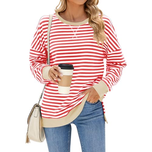 EFOGEP Damen Gestreifter Pullover: Frauen Übergroße Sweatshirts Langarm Rundhalsausschnitt Farbe Block Pullover Lässig Lose Y2K Shirt Top Leichter Pullover Herbst Winter Kleidung Rot Weiß L von EFOGEP