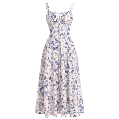 EFOGEP Damen Korsett Midikleid Blumen Fr�hling Sommer Boho Kleid �rmellos Spaghettitr�ger Flie�end Schlitz Lace Up Schaukel Kleid Casual Urlaub Sonnenkleid Hochzeit Partei Strandkleid Blau Gebl�mt M von EFOGEP