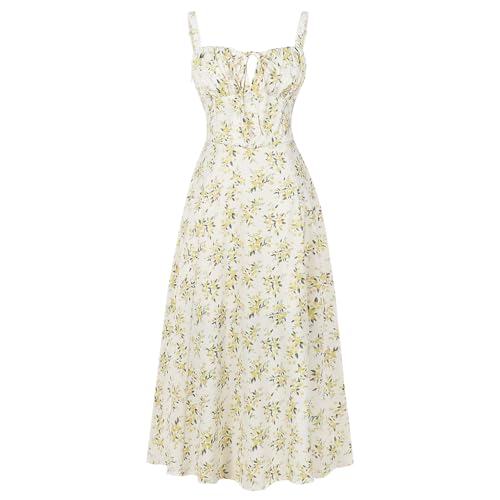 EFOGEP Damen Korsett Midikleid Blumen Fr�hling Sommer Boho Kleid �rmellos Spaghettitr�ger Flie�end Schlitz Lace Up Schaukel Kleid Casual Urlaub Sonnenkleid Hochzeit Partei Strandkleid Gelb Gebl�mt S von EFOGEP