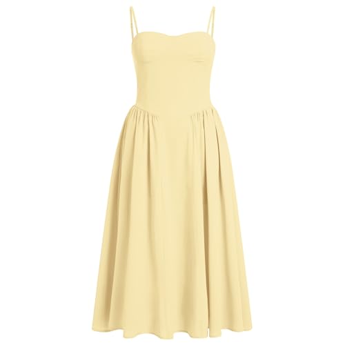 EFOGEP Damen Korsett Midikleid Blumen Fr�hling Sommer Boho Kleid �rmellos Spaghettitr�ger Flie�end Schlitz Lace Up Schaukel Kleid Casual Urlaub Sonnenkleid Hochzeit Partei Strandkleid Gelb M von EFOGEP