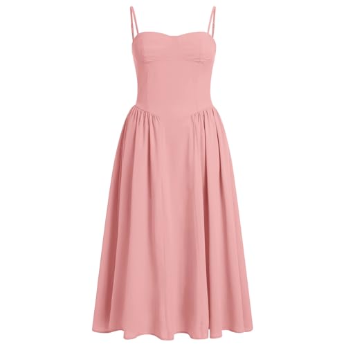 EFOGEP Damen Korsett Midikleid Blumen Fr�hling Sommer Boho Kleid �rmellos Spaghettitr�ger Flie�end Schlitz Lace Up Schaukel Kleid Casual Urlaub Sonnenkleid Hochzeit Partei Strandkleid Rosa M von EFOGEP