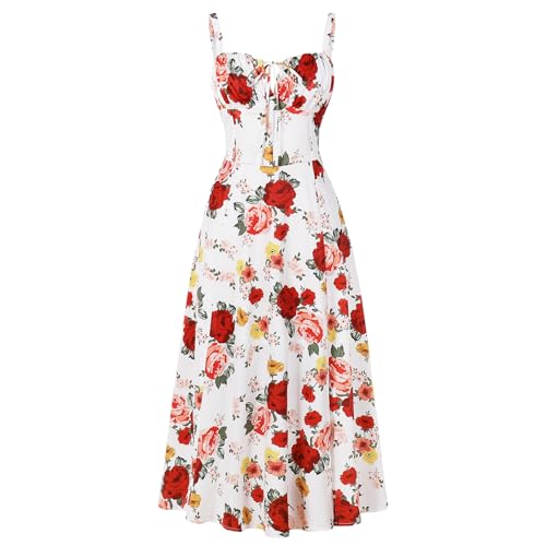 EFOGEP Damen Korsett Midikleid Blumen Fr�hling Sommer Boho Kleid �rmellos Spaghettitr�ger Flie�end Schlitz Lace Up Schaukel Kleid Casual Urlaub Sonnenkleid Hochzeit Partei Strandkleid Rote Rose XL von EFOGEP