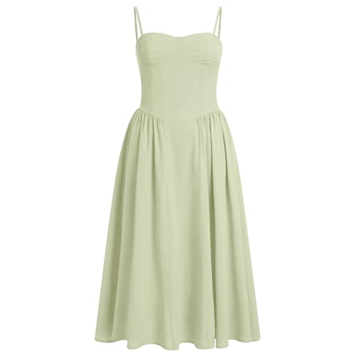 EFOGEP Damen Korsett Midikleid Blumen Fr�hling Sommer Boho Kleid �rmellos Spaghettitr�ger Flie�end Schlitz Lace Up Schaukel Kleid Casual Urlaub Sonnenkleid Hochzeit Partei Strandkleid Salbei Gr�n XL von EFOGEP