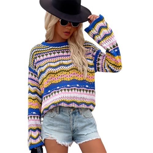 EFOGEP Damen Langarm-Pullover: Frauen Pullover Regenbogen gestrickt Pullover Rundhalsausschnitt H�keln Leichtes Y2K Lose L�ssige Gestreifte Tops Herbst Hollow Out Pullover Blau XL von EFOGEP