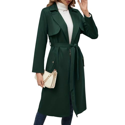 EFOGEP Damen Lange Trenchcoats: Herbst Winter Faux Wildleder Outwear Lange �rmel Gekerbt Revers Belted Mantel Damen L�ssig Winddicht Mantel Windbreake Jacke mit Taschen Dunkel Gr�n 2XL von EFOGEP