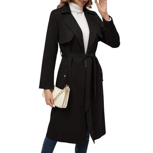 EFOGEP Damen Lange Trenchcoats: Herbst Winter Faux Wildleder Outwear Lange �rmel Gekerbt Revers Belted Mantel Damen L�ssig Winddicht Mantel Windbreake Jacke mit Taschen Schwarz 2XL von EFOGEP