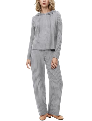 EFOGEP Damen Lounge Set: Trainingsanzug 2PCS Schlafanzug Rippenstrick Kapuzen Pullover Oberteil und Hose mit weiten Beinen Pjs Freizeitanzüge Jogginganzug Loungewear Nachtwäsche Homewear Grau 3XL von EFOGEP