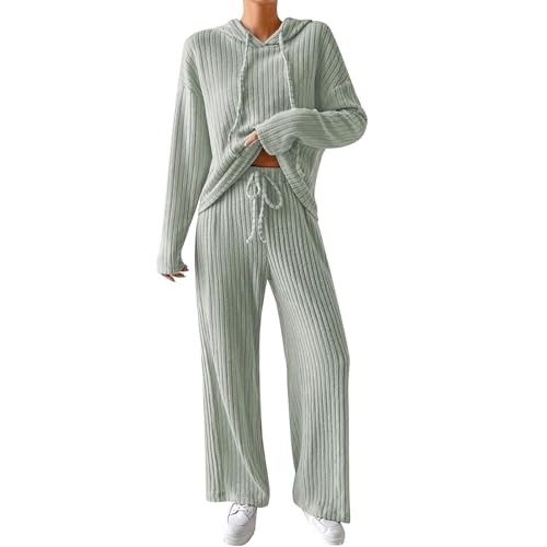 EFOGEP Damen Lounge Set: Trainingsanzug 2PCS Schlafanzug Rippenstrick Kapuzen Pullover Oberteil und Hose mit weiten Beinen Pjs Freizeitanzüge Jogginganzug Nachtwäsche Sleepwear Homewear Hellgrün S von EFOGEP