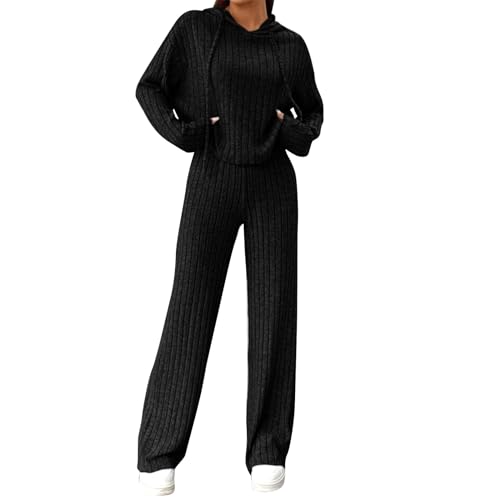 EFOGEP Damen Lounge Set: Trainingsanzug 2PCS Schlafanzug Rippenstrick Kapuzenpullover Oberteil und Hose mit weiten Beinen Pjs Freizeitanzüge Jogginganzug Loungewear Nachtwäsche Homewear Schwarz 4XL von EFOGEP