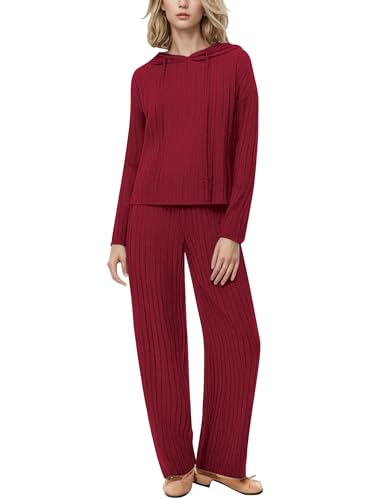EFOGEP Damen Lounge Set: Trainingsanzug 2PCS Schlafanzug Rippenstrick Kapuzenpullover Oberteil und Hose mit weiten Beinen Pjs Freizeitanzüge Loungewear Nachtwäsche Sleepwear Homewear Rot L von EFOGEP