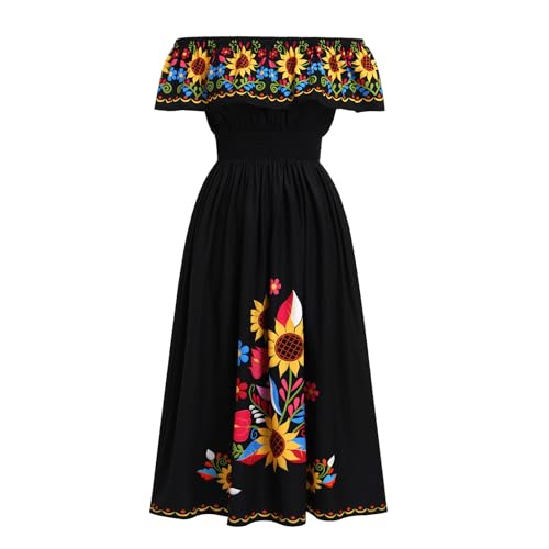 EFOGEP Damen Mexikanisches Kleid Sommer Boho Blumen Drapiertes Kleid Schulterfrei Traditionelle Fiesta Kleider Bohemian Lange Maxikleider Casual Hochzeit Strand Party Kleid mit G�rtel Schwarz M von EFOGEP