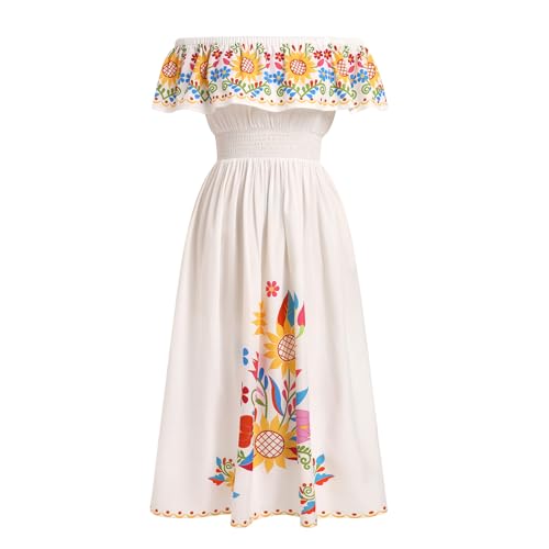 EFOGEP Damen Mexikanisches Kleid Sommer Boho Blumen Drapiertes Kleid Schulterfrei Traditionelle Fiesta Kleider Bohemian Lange Maxikleider Casual Hochzeit Strand Party Kleid mit G�rtel Wei� L von EFOGEP