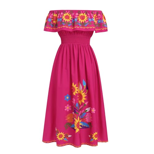 EFOGEP Damen Mexikanisches Kleid: Sommer Boho Blumen Drapiertes Kleid Schulterfrei Traditionelle Fiesta Bohemian Lange Maxikleider Hochzeit Strand Party Kleid mit Gürtel Heißes Rosa & Blumen XXL von EFOGEP