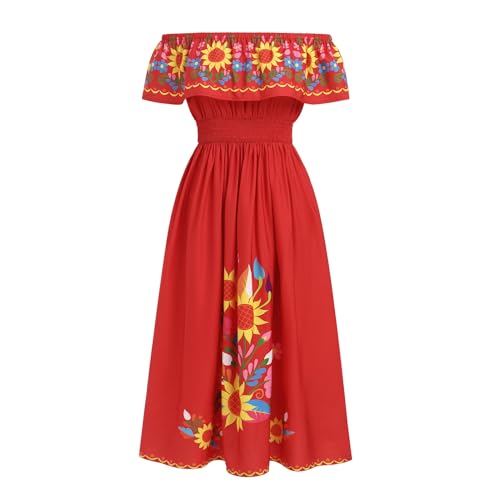 EFOGEP Damen Mexikanisches Kleid: Sommer Boho Blumen Drapiertes Kleid Schulterfrei Traditionelle Fiesta Kleider Bohemian Lange Maxikleider Casual Hochzeit Strand Kleid mit Gürtel Rot & Blumen XL von EFOGEP