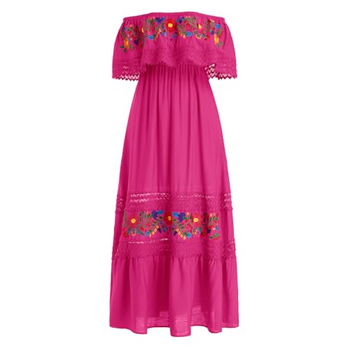 EFOGEP Damen Mexikanisches Kleid: Sommer Boho Blumen Drapiertes Kleid Schulterfrei Traditionelle Fiesta Kleider Bohemian Lange Maxikleider Casual Hochzeit Strand Party Kleid mit G�rtel HEI�es Rosa S von EFOGEP