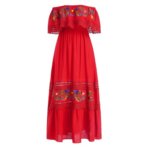 EFOGEP Damen Mexikanisches Kleid: Sommer Boho Blumen Drapiertes Kleid Schulterfrei Traditionelle Fiesta Kleider Bohemian Lange Maxikleider Casual Hochzeit Strand Party Kleid mit G�rtel Rot XL von EFOGEP