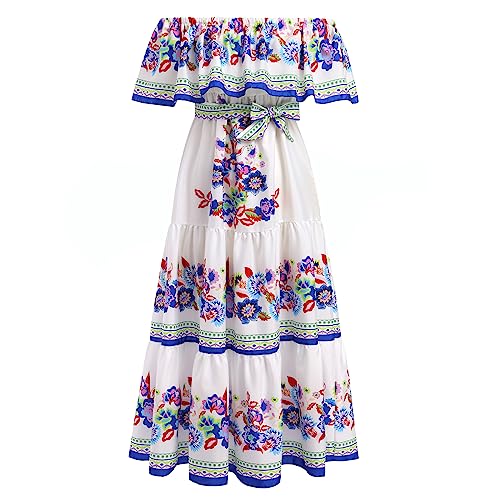 EFOGEP Damen Mexikanisches Kleid: Sommer Boho Blumen Drapiertes Kleid Schulterfrei Traditionelle Fiesta Kleider Bohemian Lange Maxikleider Casual Hochzeit Strand Party Kleid mit G�rtel Wei� & Blau XL von EFOGEP