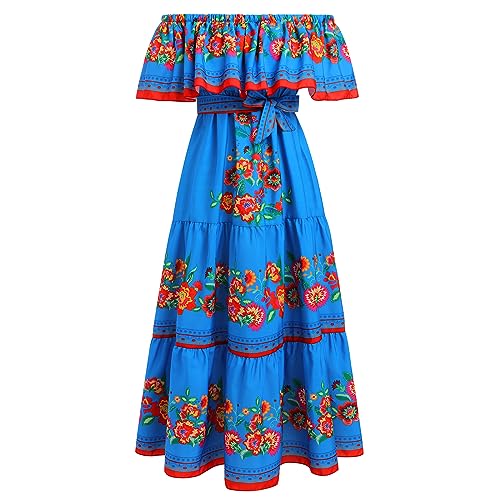 EFOGEP Damen Mexikanisches Kleid: Sommer Boho Blumen Drapiertes Kleid Schulterfrei Traditionelle Fiesta Kleider Bohemian Lange Maxikleider Casual Hochzeit Strand Party Kleid mit G�rtel Blau M von EFOGEP