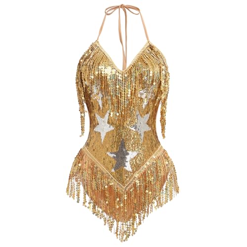 EFOGEP Damen Musik Festival Bodysuit: Sexy Halter V Ausschnitt Stern Pailletten Fransen Karneval Rave Outfit Tanz Trikot Party Nachtclub Halloween Kostüm Gold S EFOGEP Damen Musik Festival Bodysuit: Sexy Halter V Ausschnitt Stern Pailletten Fransen Karneval Rave Outfit Tanz Trikot Party Nachtclub Halloween Kostüm Gold S von EFOGEP
