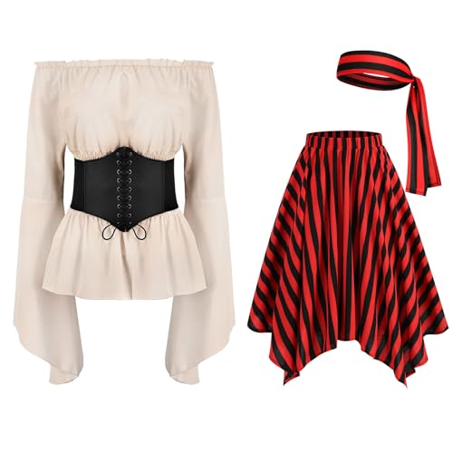 EFOGEP Damen Piratenkost�m 4PCS: Halloween Renaissance viktorianisch Lange ausgestellte �rmel Off-Schulter Bluse Oberteile Korsett Tailleng�rtel Piratenrock Streifen Kopftuch Cosplay Aprikose L von EFOGEP