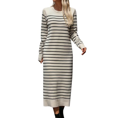 EFOGEP Damen Pullover Kleid: Frauen Gestreifte Pullover Kleid Gestrickt Langarm Rundhalsausschnitt Lässig Gerippt Strickwaren Arbeit Hochzeit Gast Herbst Winter Midi-Kleider Aprikose L von EFOGEP