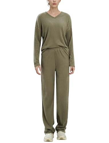 EFOGEP Damen Pyjama Sets 2PCS: Langarm Rippenstrick Schlafanzug Oberteil Loungewear Pullover Weite Yoga Hosen Pjs Baumwolle Sleepwear Homewear Herbst Winter Warme Kleidung mit Taschen Dunkel Gr�n L von EFOGEP
